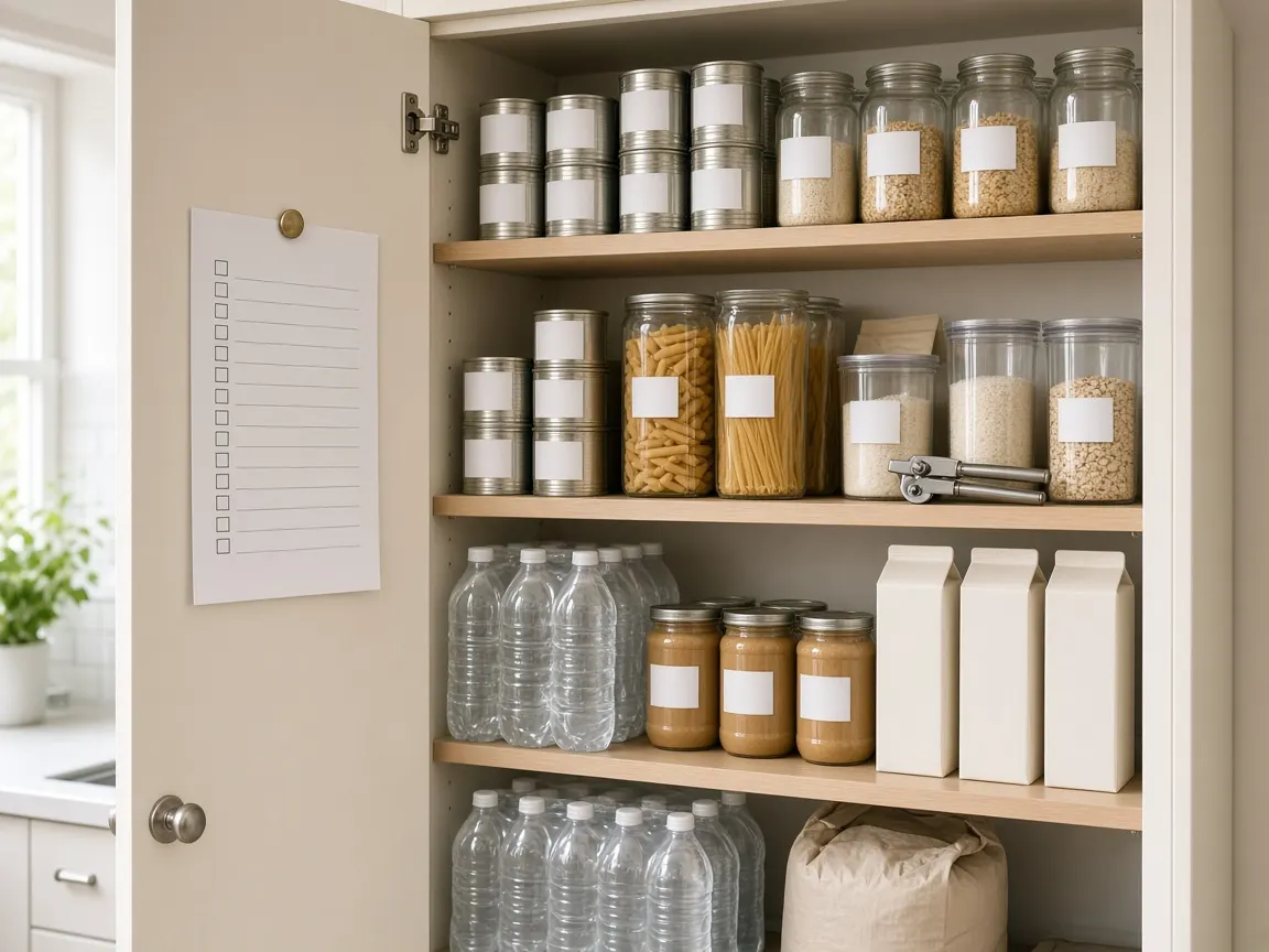 A neatly stocked kitchen cupboard with tins, jars, pasta, rice, bottled water and a checklist on the door